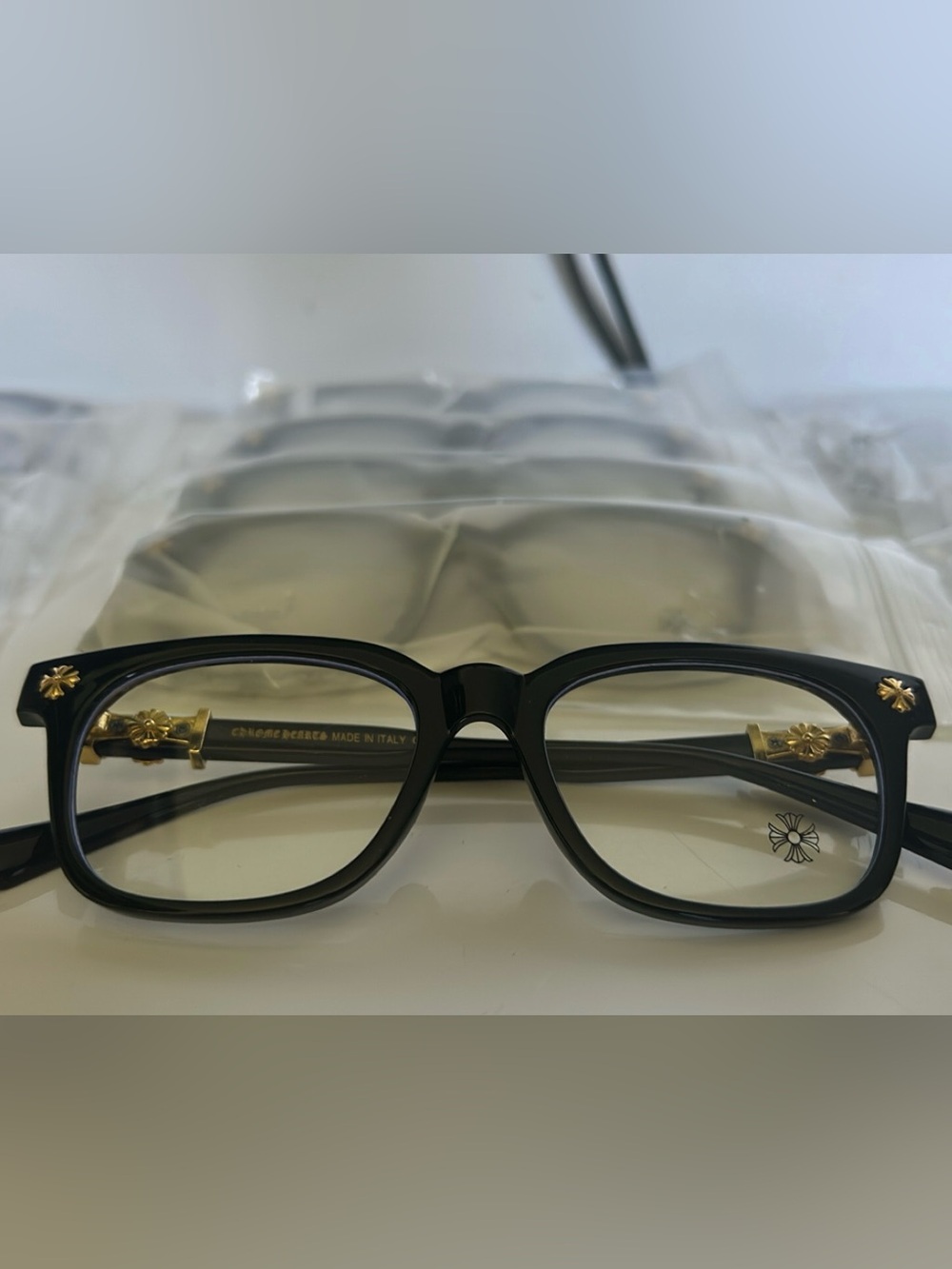 Chrome Hearts Black
Rectangular Glasses with Gold
Accents